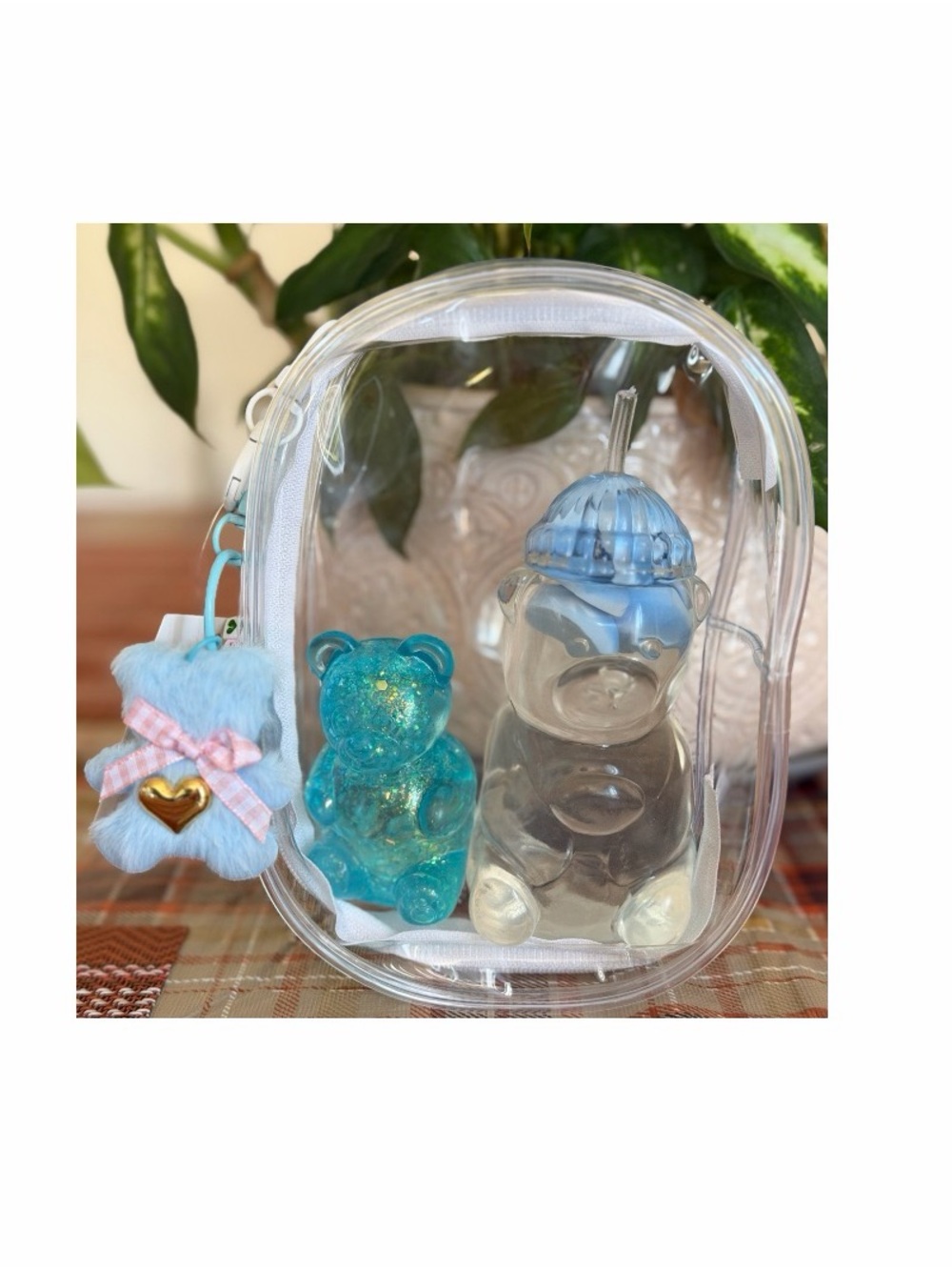 Clear Kids Toy Backpack with 2pc  Blue Bear Squishy  and Charm